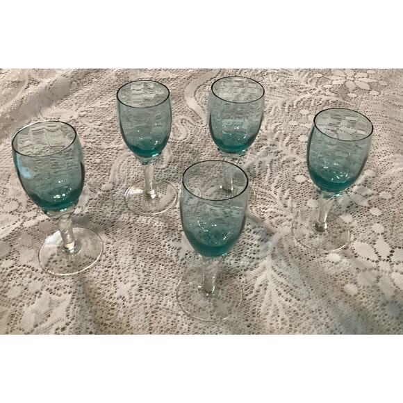 Empoli Italian Teal Blue Twisted Stemware 5 Stem Cordials Glass Set 4.25” - Picture 3 of 9